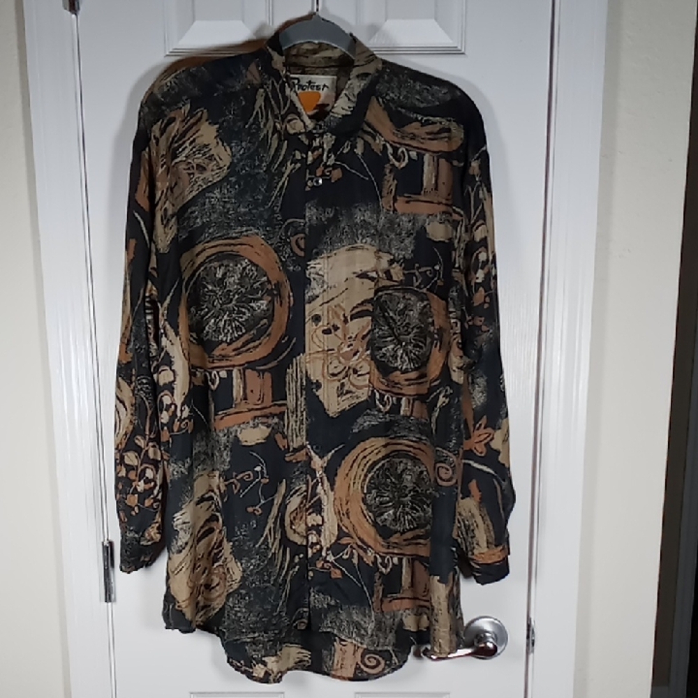 Vintage Protest Silk Button Down Men's Shirt Size Medium Blk/Brown/Tan